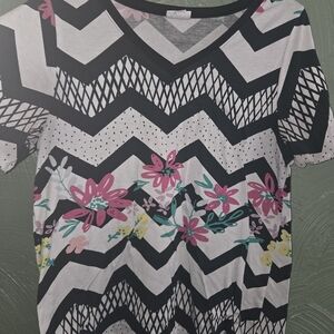 LuLaRoe Black and White Chevron Top with Floral Accents